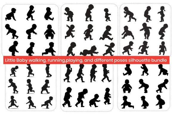 Baby Walking, Running, Playing Silhouette Design for Print on Demand